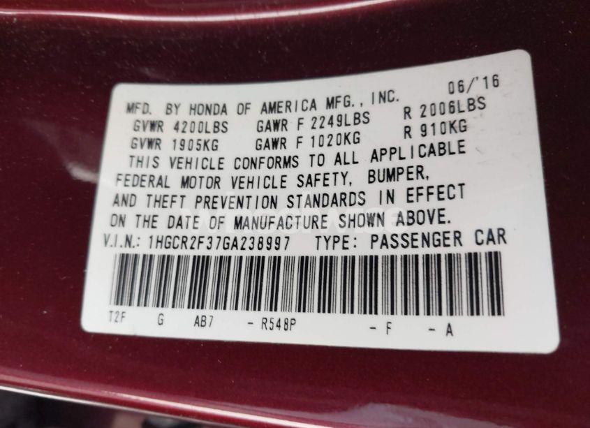 Photo 9 of 2016 Honda Accord LX (VIN 1HGCR2F37GA238997)