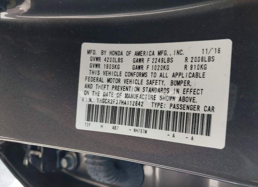 Photo 9 of 2017 Honda Accord LX (VIN 1HGCR2F37HA112642)