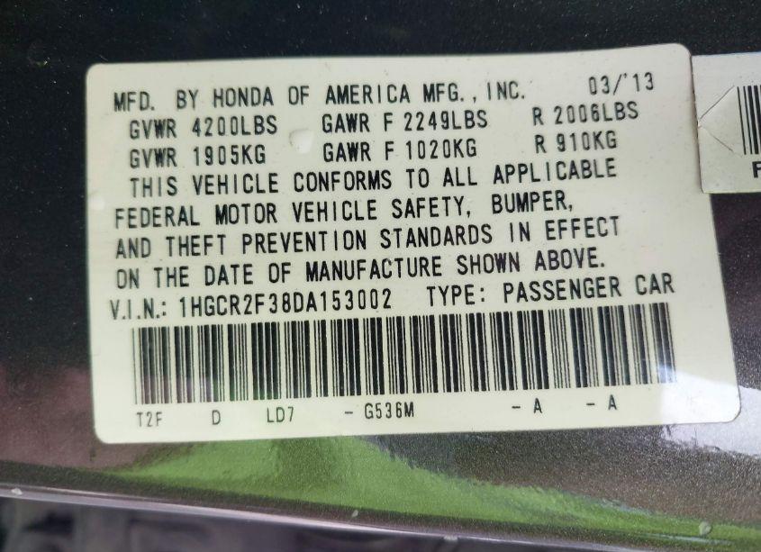 Photo 9 of 2013 Honda Accord LX (VIN 1HGCR2F38DA153002)