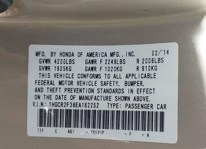 Photo 9 of 2014 Honda Accord LX (VIN 1HGCR2F38EA162252)