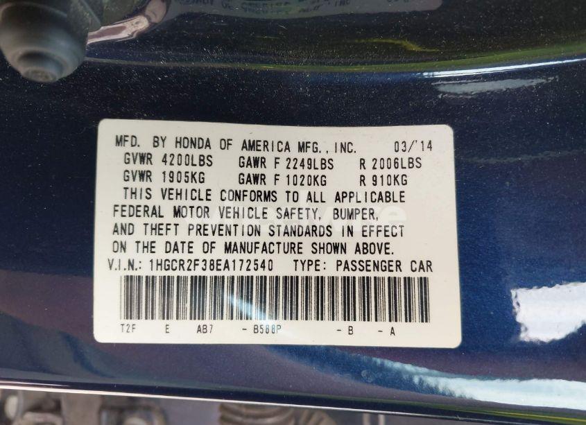 Photo 9 of 2014 Honda Accord LX (VIN 1HGCR2F38EA172540)