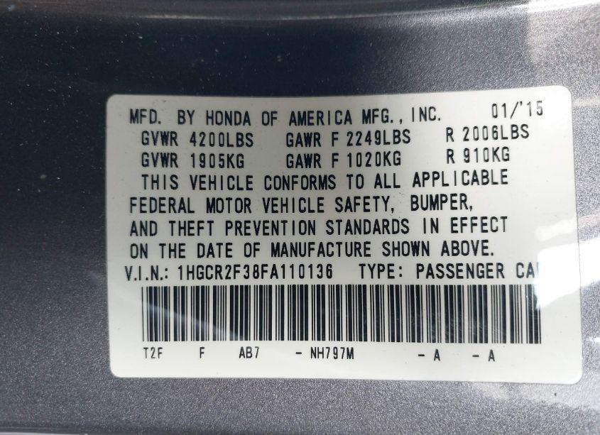 Photo 9 of 2015 Honda Accord LX (VIN 1HGCR2F38FA110136)