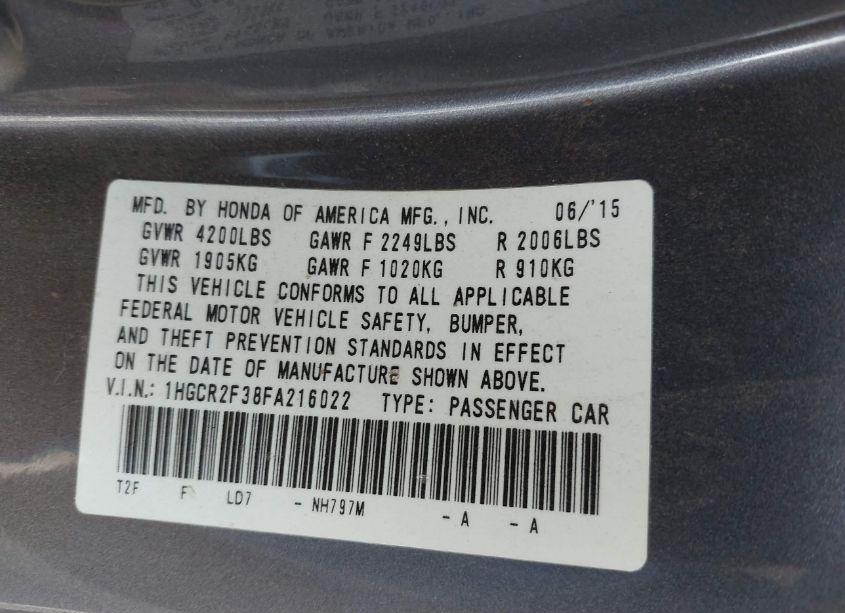 Photo 9 of 2015 Honda Accord LX (VIN 1HGCR2F38FA216022)