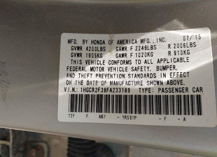 Photo 9 of 2015 Honda Accord LX (VIN 1HGCR2F38FA233189)