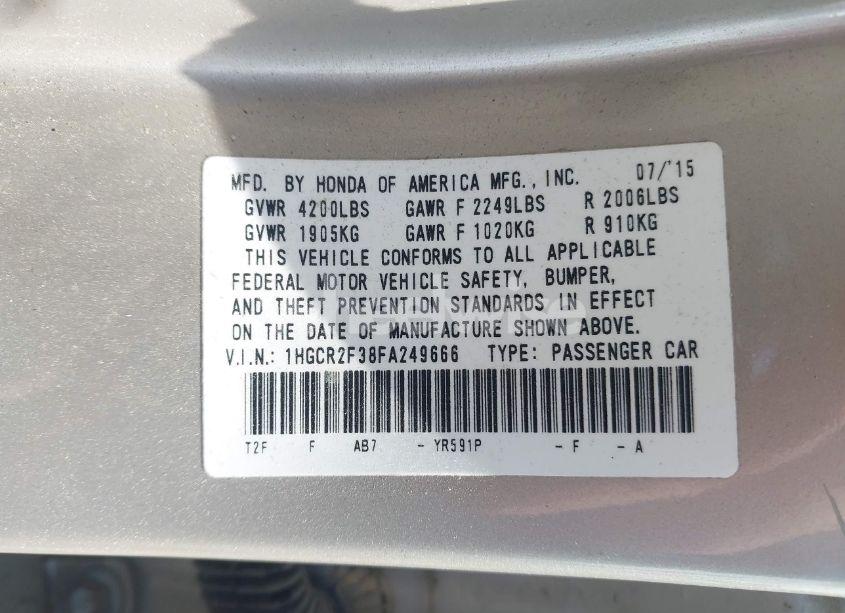 Photo 9 of 2015 Honda Accord LX (VIN 1HGCR2F38FA249666)