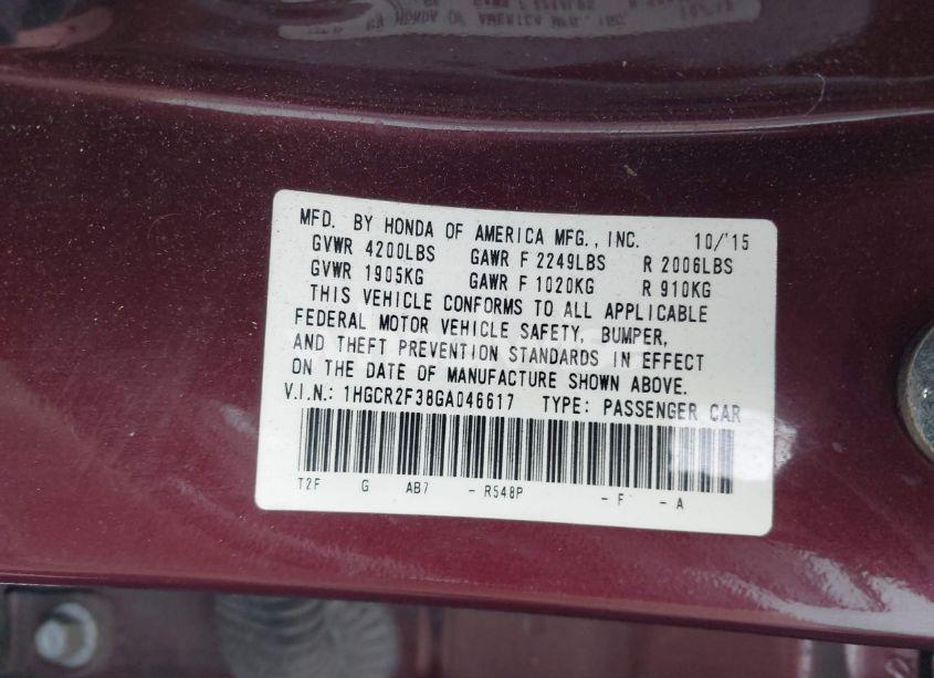 Photo 9 of 2016 Honda Accord LX (VIN 1HGCR2F38GA046617)