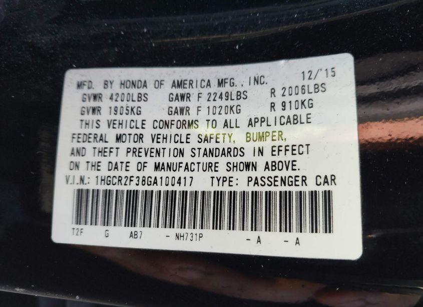 Photo 9 of 2016 Honda Accord LX (VIN 1HGCR2F38GA100417)