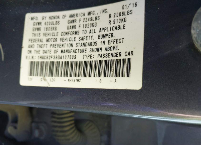 Photo 9 of 2016 Honda Accord LX (VIN 1HGCR2F38GA107609)