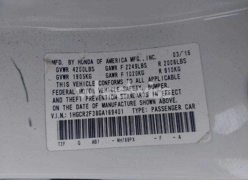 Photo 9 of 2016 Honda Accord LX (VIN 1HGCR2F38GA169401)