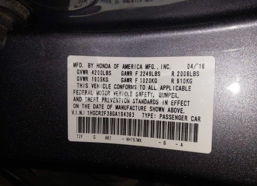 Photo 9 of 2016 Honda Accord LX (VIN 1HGCR2F38GA194363)