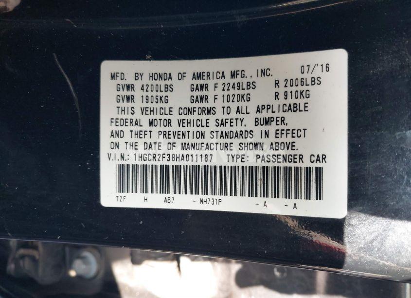 Photo 9 of 2017 Honda Accord LX (VIN 1HGCR2F38HA011187)