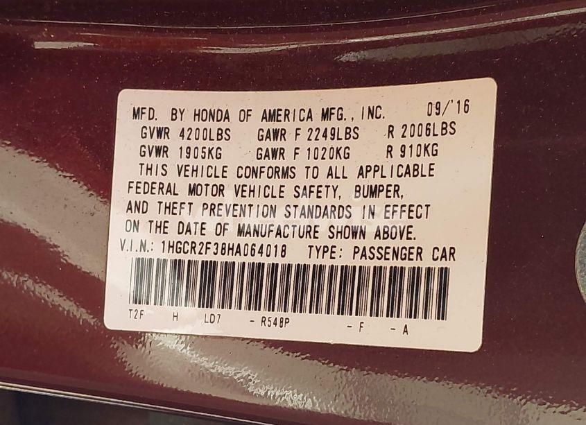 Photo 9 of 2017 Honda Accord LX (VIN 1HGCR2F38HA064018)