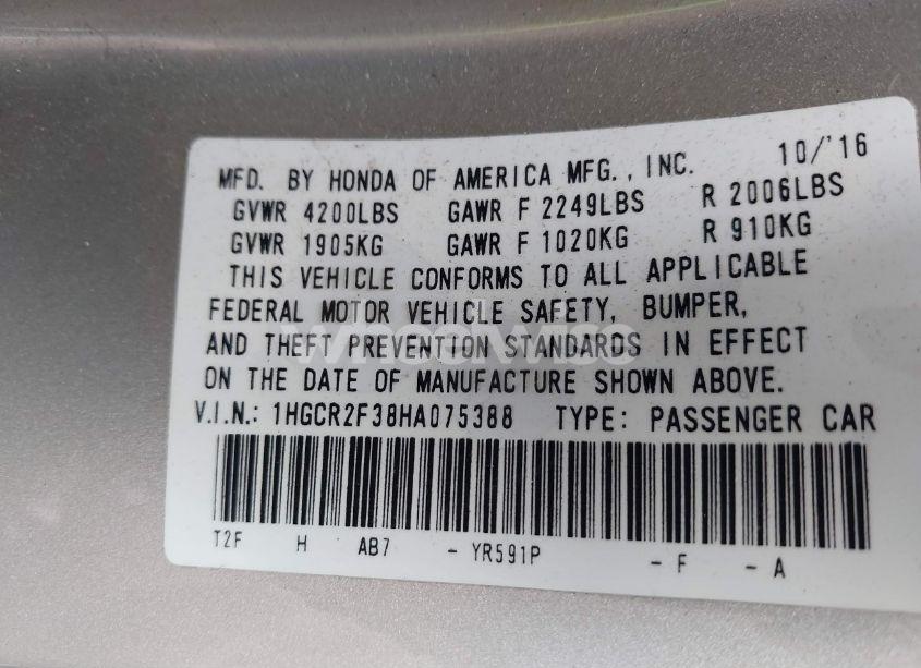 Photo 9 of 2017 Honda Accord LX (VIN 1HGCR2F38HA075388)