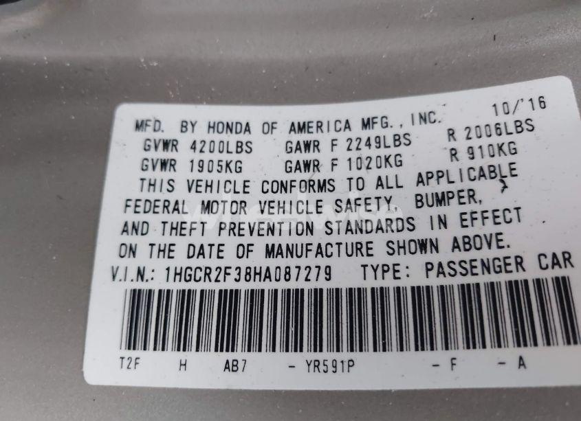 Photo 9 of 2017 Honda Accord LX (VIN 1HGCR2F38HA087279)