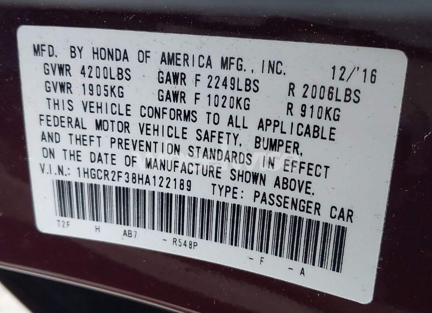 Photo 9 of 2017 Honda Accord LX (VIN 1HGCR2F38HA122189)