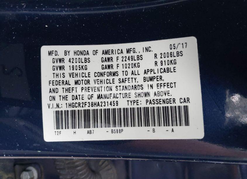 Photo 9 of 2017 Honda Accord LX (VIN 1HGCR2F38HA231459)