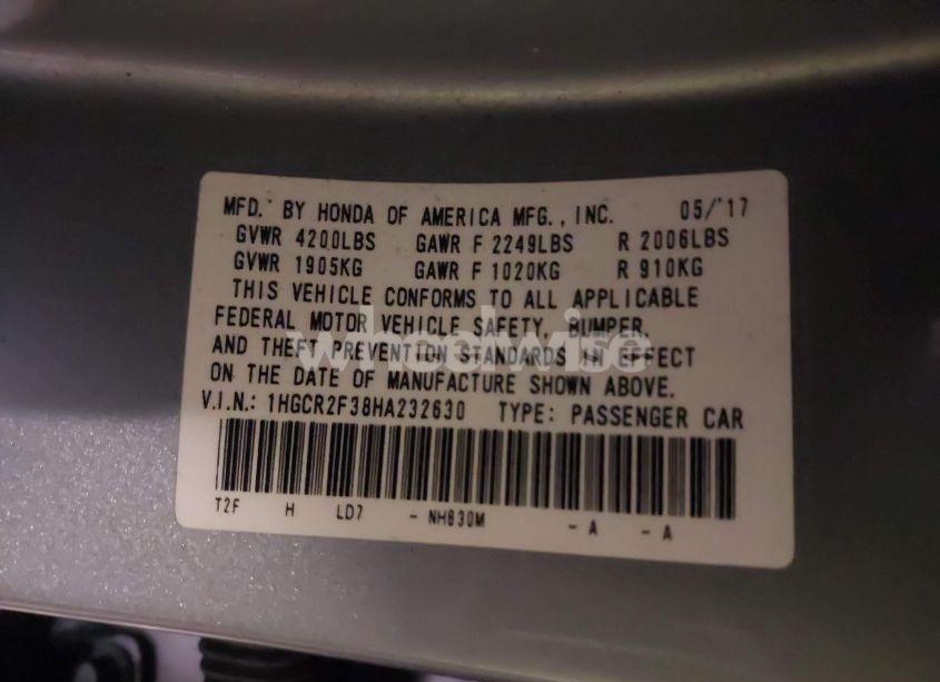 Photo 9 of 2017 Honda Accord LX (VIN 1HGCR2F38HA232630)