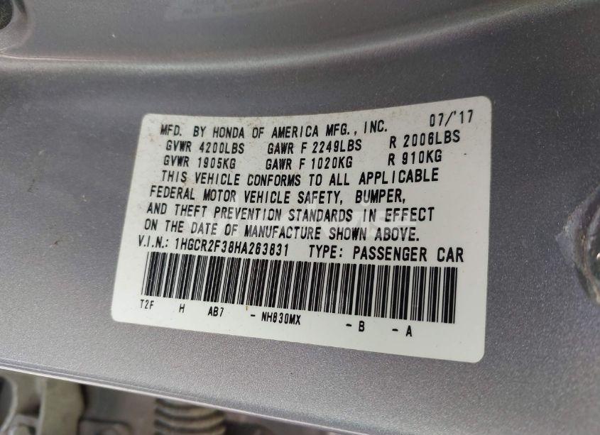 Photo 9 of 2017 Honda Accord LX (VIN 1HGCR2F38HA263831)