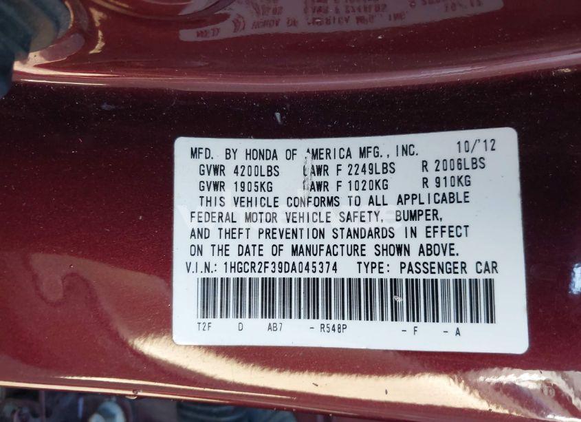 Photo 9 of 2013 Honda Accord LX (VIN 1HGCR2F39DA045374)