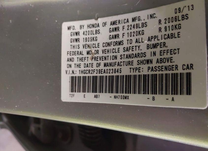 Photo 9 of 2014 Honda Accord LX (VIN 1HGCR2F39EA023845)