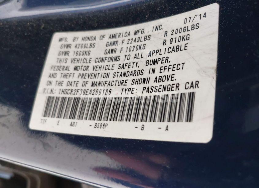 Photo 9 of 2014 Honda Accord LX (VIN 1HGCR2F39EA289186)