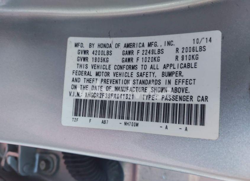 Photo 9 of 2015 Honda Accord LX (VIN 1HGCR2F39FA041621)