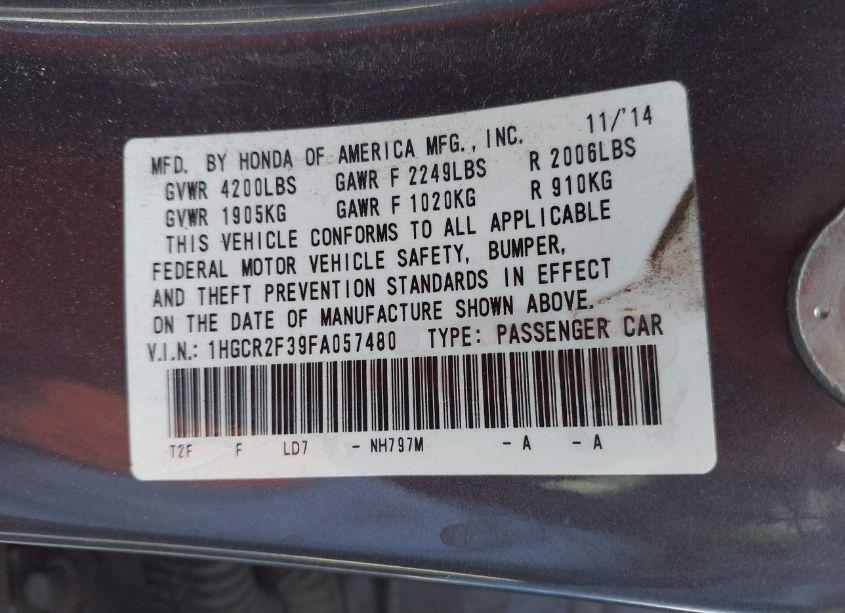 Photo 9 of 2015 Honda Accord LX (VIN 1HGCR2F39FA057480)