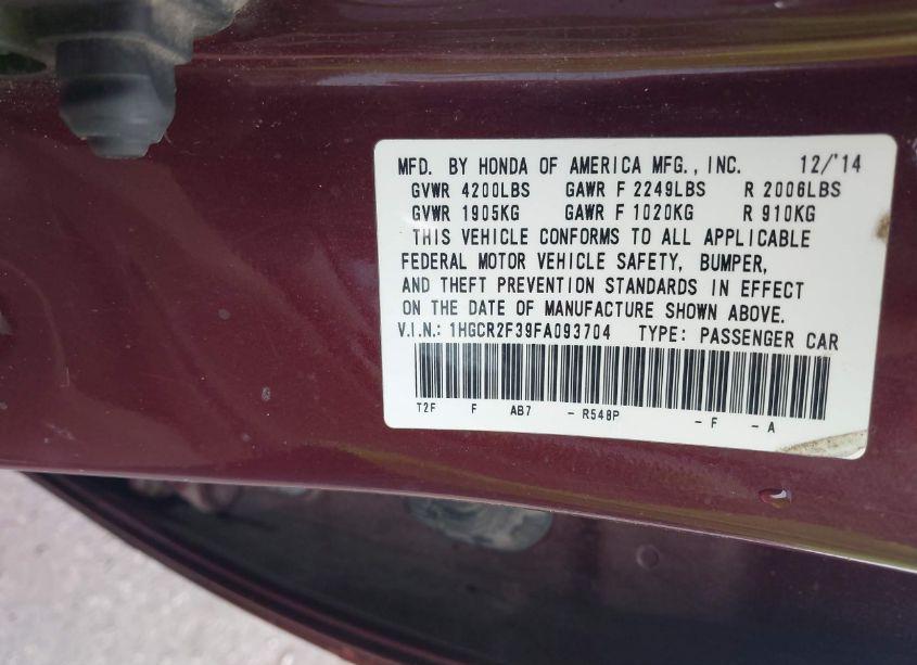 Photo 9 of 2015 Honda Accord LX (VIN 1HGCR2F39FA093704)