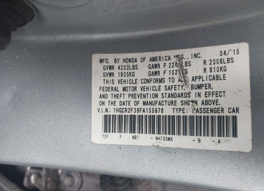 Photo 9 of 2015 Honda Accord LX (VIN 1HGCR2F39FA155876)