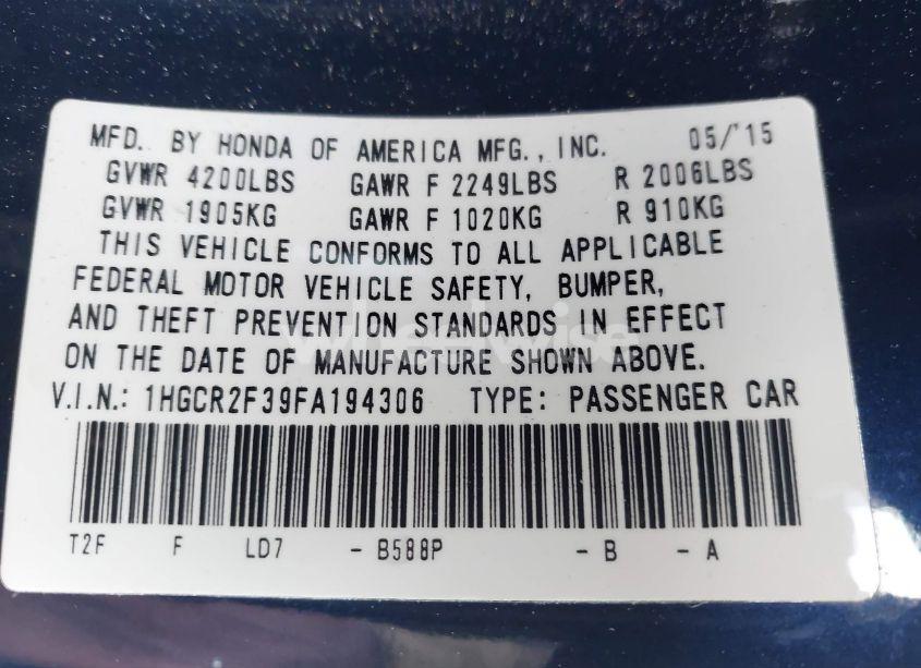 Photo 9 of 2015 Honda Accord LX (VIN 1HGCR2F39FA194306)