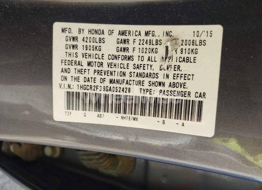Photo 9 of 2016 Honda Accord LX (VIN 1HGCR2F39GA052426)