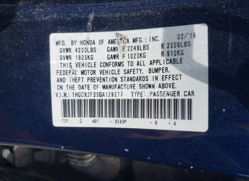 Photo 9 of 2016 Honda Accord LX (VIN 1HGCR2F39GA129277)