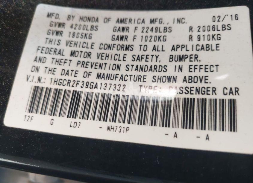 Photo 9 of 2016 Honda Accord LX (VIN 1HGCR2F39GA137332)