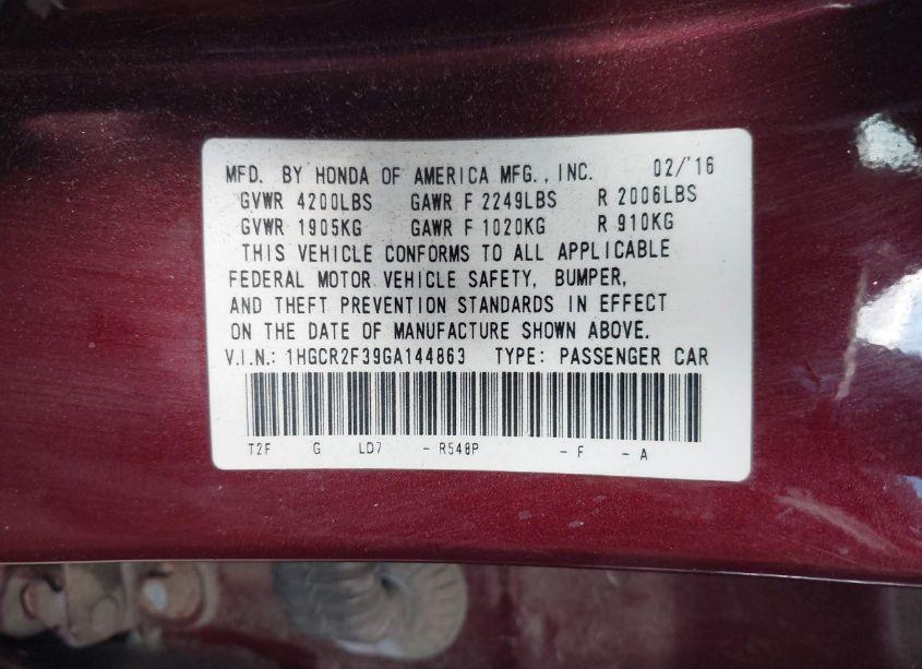 Photo 9 of 2016 Honda Accord LX (VIN 1HGCR2F39GA144863)