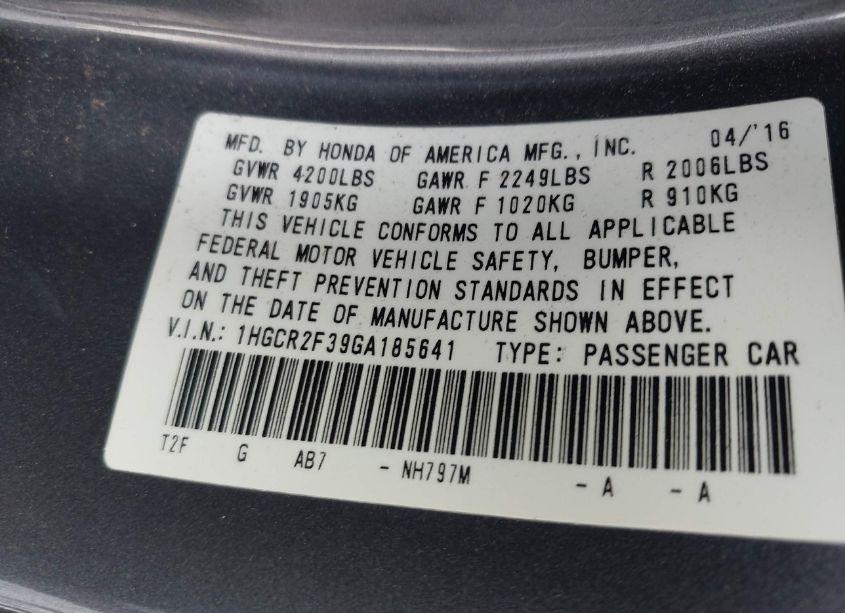 Photo 9 of 2016 Honda Accord LX (VIN 1HGCR2F39GA185641)