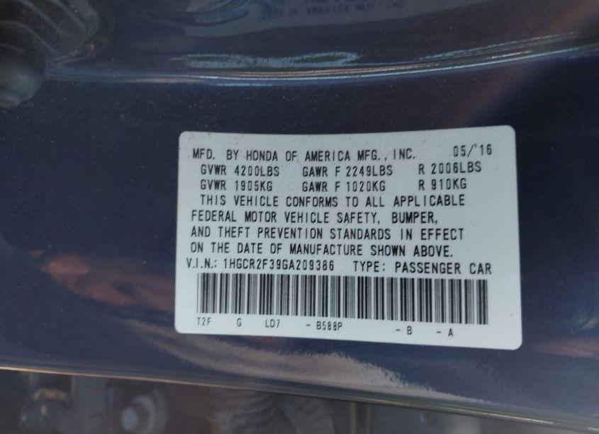 Photo 9 of 2016 Honda Accord LX (VIN 1HGCR2F39GA209386)