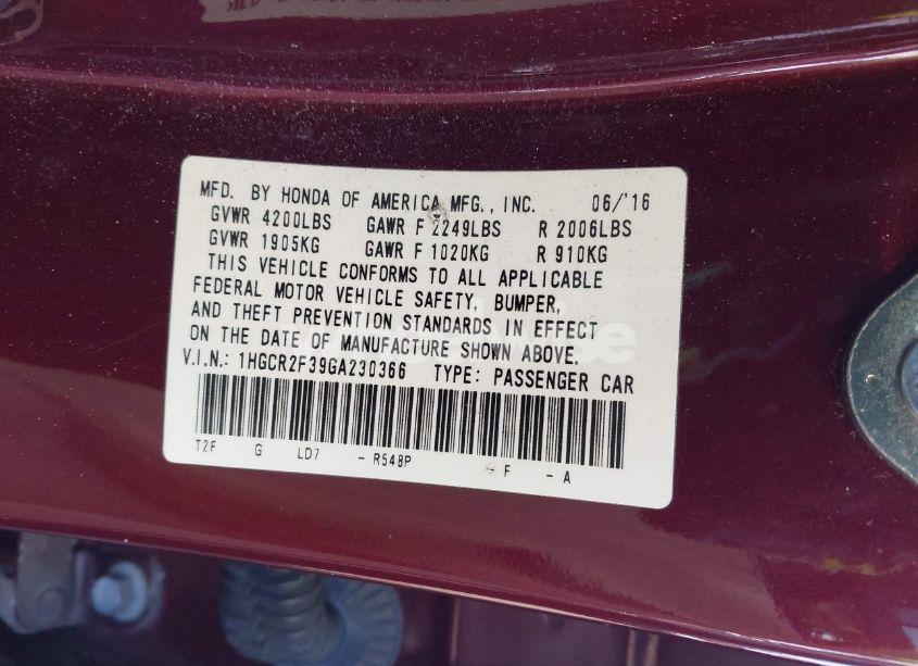 Photo 9 of 2016 Honda Accord LX (VIN 1HGCR2F39GA230366)