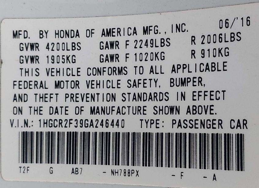 Photo 9 of 2016 Honda Accord LX (VIN 1HGCR2F39GA246440)