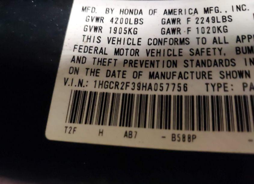 Photo 9 of 2017 Honda Accord LX (VIN 1HGCR2F39HA057756)