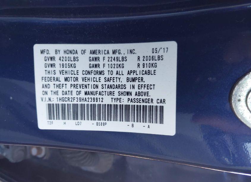 Photo 9 of 2017 Honda Accord LX (VIN 1HGCR2F39HA239912)