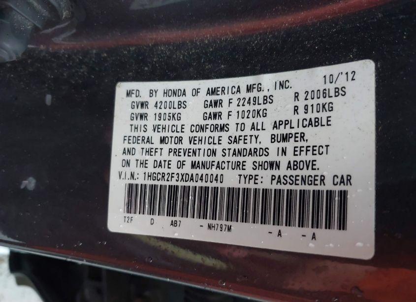 Photo 9 of 2013 Honda Accord LX (VIN 1HGCR2F3XDA040040)