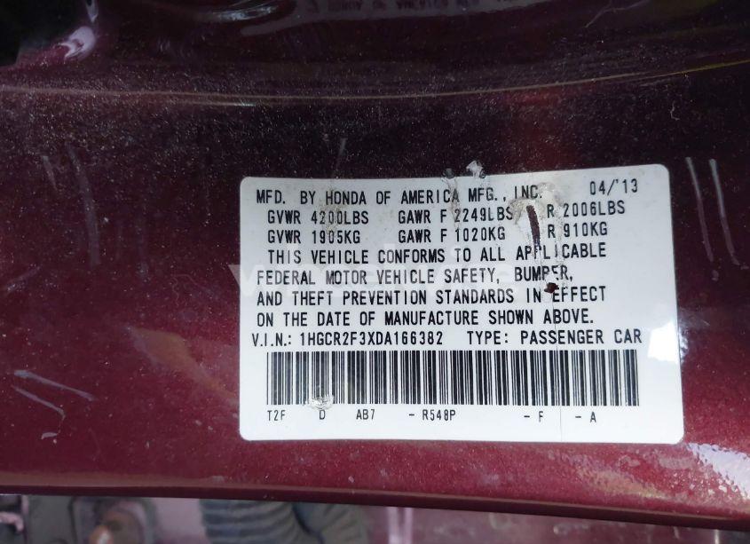 Photo 9 of 2013 Honda Accord LX (VIN 1HGCR2F3XDA166382)