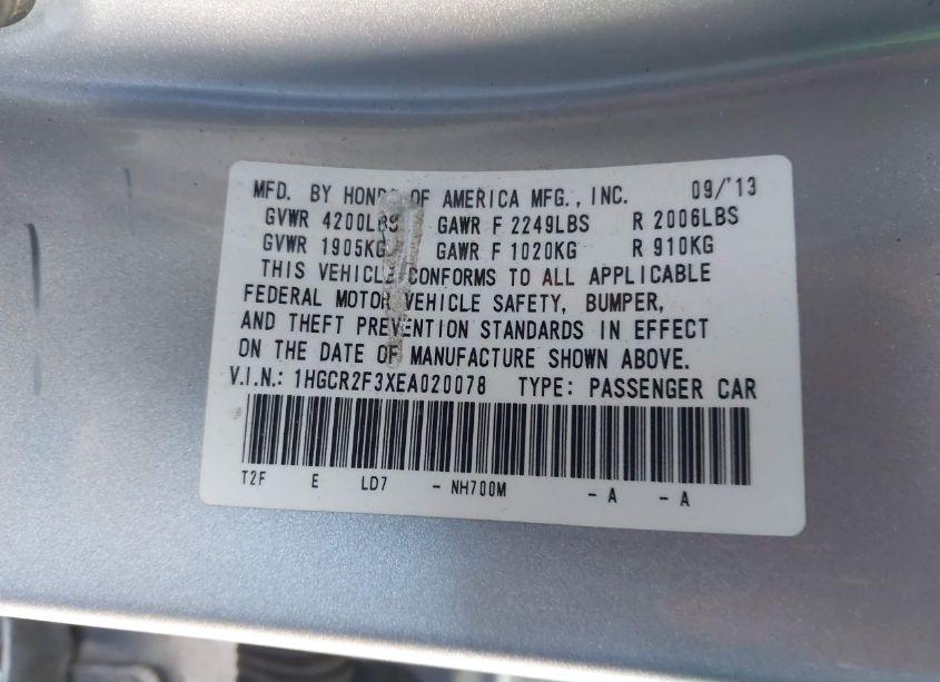 Photo 9 of 2014 Honda Accord LX (VIN 1HGCR2F3XEA020078)