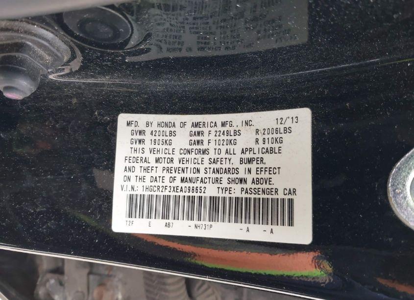 Photo 9 of 2014 Honda Accord LX (VIN 1HGCR2F3XEA098652)