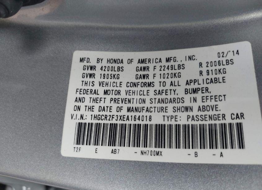 Photo 9 of 2014 Honda Accord LX (VIN 1HGCR2F3XEA164018)