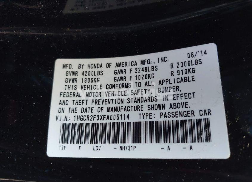 Photo 9 of 2015 Honda Accord LX (VIN 1HGCR2F3XFA005114)