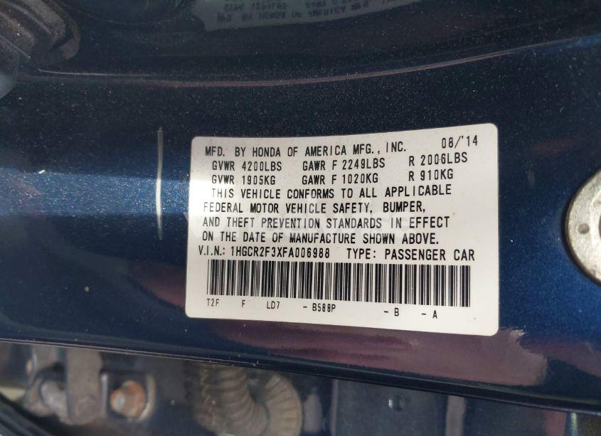 Photo 9 of 2015 Honda Accord LX (VIN 1HGCR2F3XFA006988)
