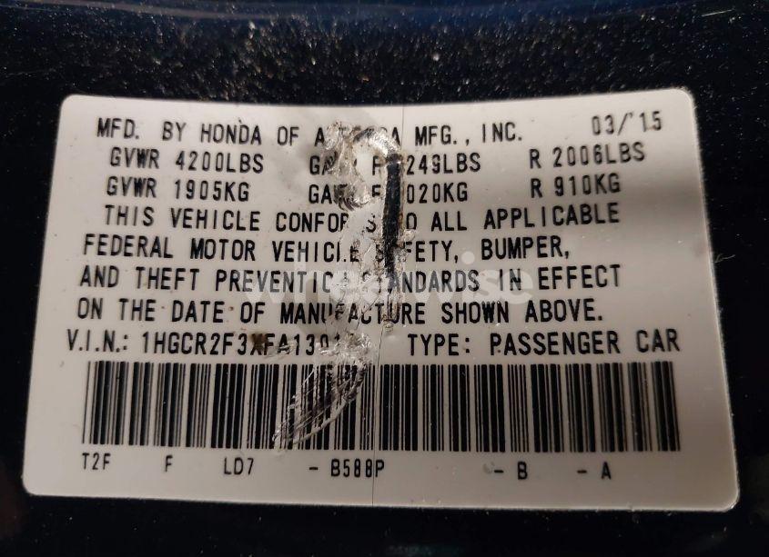 Photo 9 of 2015 Honda Accord LX (VIN 1HGCR2F3XFA130128)