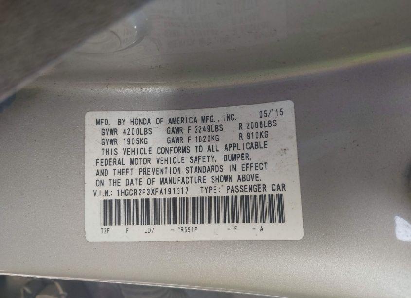 Photo 9 of 2015 Honda Accord LX (VIN 1HGCR2F3XFA191317)