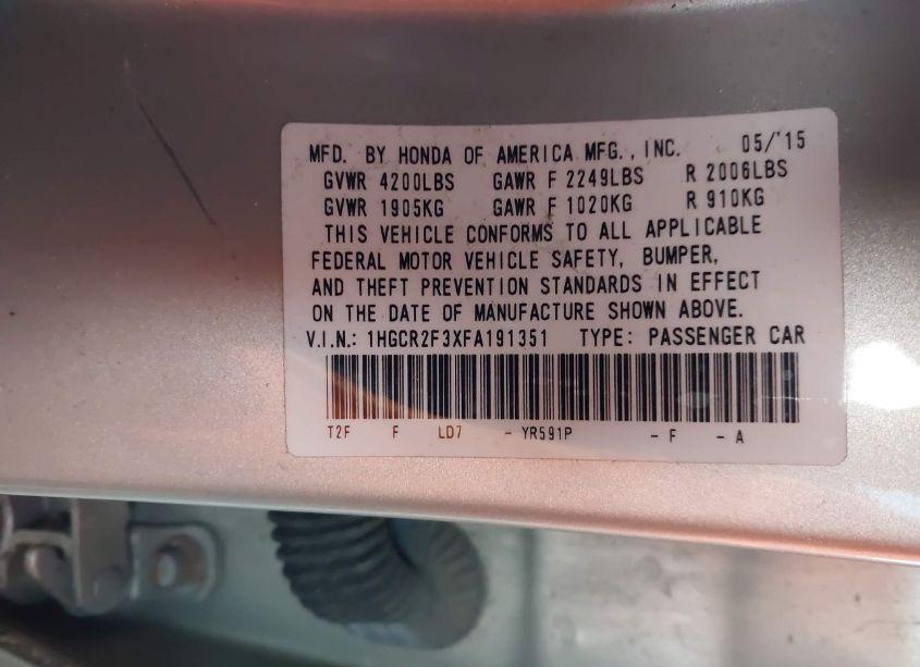 Photo 9 of 2015 Honda Accord LX (VIN 1HGCR2F3XFA191351)